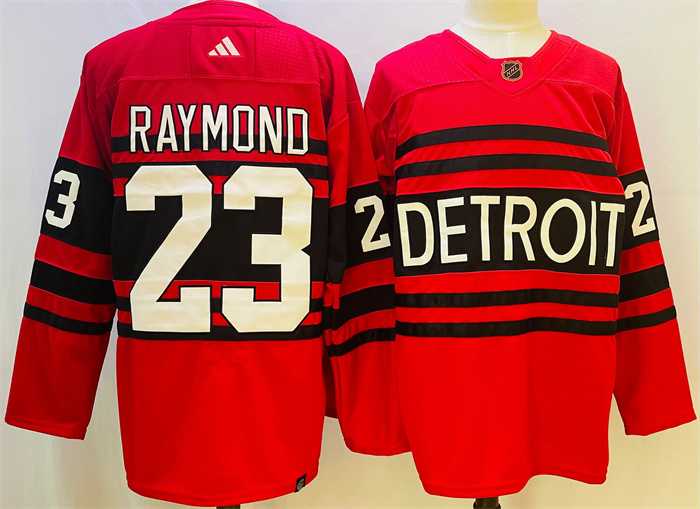 Men%27s Detroit Red Wings #23 Lucas Raymond Red 2022-23 Reverse Retro Stitched Jersey